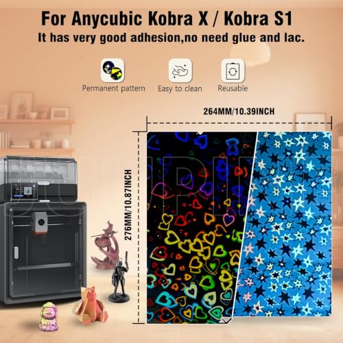 JUUPINE Upgraded Kobra X/Kobra 4/Kobra S1 Build Plate 264x276MM Double Sided Smooth Holographic Heated Bed Spring Steel Flexible Platform for Anycubic Kobra S1 Combo/Kobra 4(North Star+Sweetheart) - color: North Star+Sweetheart