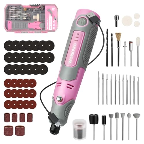 WORKPRO Mini Cordless Rotary Tool, 71PCS Kit for Engraving/Drilling/Carving - color: Pink