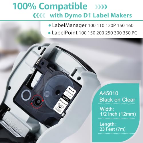 NineLeaf 3 Pack Compatible for DYMO D1 45010 S0720500 Black on Clear 12mm 1/2'' x 23ft Label Tape Refill Work in DYMO LabelManager 160 210D 260P 280 360D 420P 450D Wireless PnP 500TS 450 Label Maker - color: Black on Clear, size: 12mm