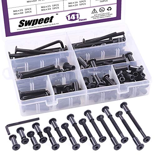 Swpeet 141Pcs 14 Different Sizes M6x16mm-80mm Carbon Steel Black Hex Drive Socket Cap Bolts Barrel Nuts Kit with 1Pcs Allen Wrench, Screw Post Fit for Furniture Countsunk Belt Leather Binding Bolts - size: M6x16mm-M6x80mm