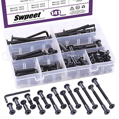 Swpeet 141Pcs 14 Different Sizes M6x16mm-80mm Carbon Steel Black Hex Drive Socket Cap Bolts Barrel Nuts Kit with 1Pcs Allen Wrench, Screw Post Fit for Furniture Countsunk Belt Leather Binding Bolts - size: M6x16mm-M6x80mm