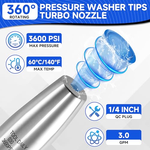 Tool Daily Turbo Nozzle Pressure Washer 360° Rotating, 7 Tips with Holder