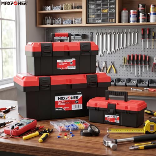 MAXPOWER 3-Pc Portable Plastic Tool Box Set 12" 16" 19", Lockable, Red - color: Red, size: 12" 16" 19"