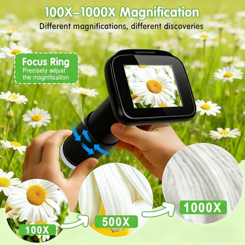 Microscope for Kids with 32GB Card, Adjustable 2.4inch IPS LCD Screen 5 Slides 1000X 1080P Digital Handheld Kids Microscope, Mini Portable Pocket Miniscope Science Toys Gifts for Boys Girls Aged 3-12 - color: Black