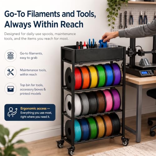 MAYJOY 3D Printer Filament Storage Rack with Wheels, Top Bin, 4-Tier, Metal - size: 4-Tier Single-Row Cart