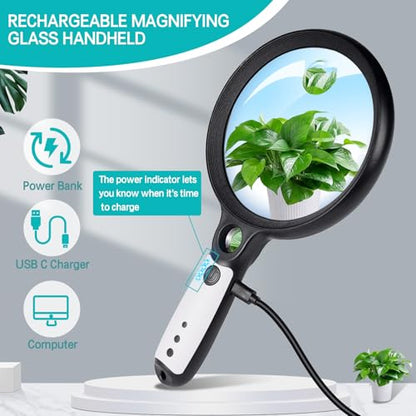 Large Magnifying Glass with 37 LED Light and Case, 10X 20X 45X Handheld - color: Black & White, size: Magnifier with Light (With Case)