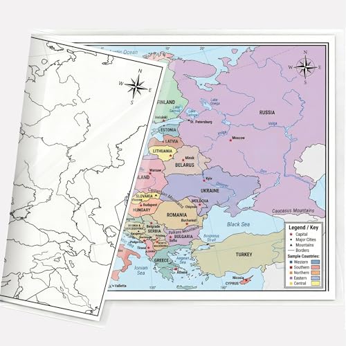 Europe Map 11x17 Laminated Dry Erase Geography Chart | Double-Sided with Color Front & Blank Outline Back | Reusable Classroom & Homeschool Tool - color: Europe
