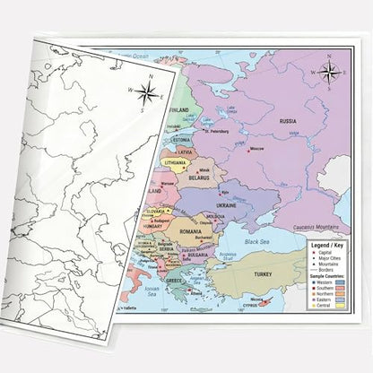 Europe Map 11x17 Laminated Dry Erase Geography Chart | Double-Sided with Color Front & Blank Outline Back | Reusable Classroom & Homeschool Tool - color: Europe