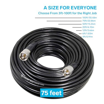 STEREN RG8X Coaxial Cable 75 ft, CB Coax Cable with PL259 UHF Connectors, Male to Male Low Loss 50 Ohm for HAM Radio, LMR400, Antenna Analyzer - size: 75 feet
