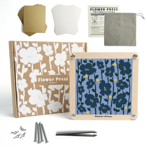 Fuwuu Flower Press Kit 7.1" - Medium Wooden Plant Pressing Book for DIY Art, Blue Camellia Design 6-Layer Leaf Flower Preservation Kit for Adults, Herbarium Scrapbooking Craft Gift