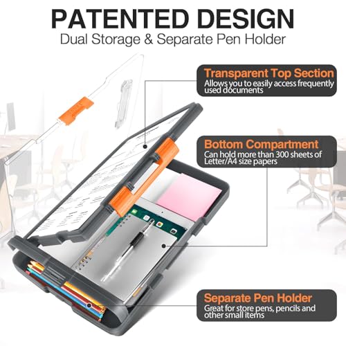 Sooez Original Clipboard with Dual Storage, Heavy Duty Clip Boards 8.5x11 - color: Gray + Orange