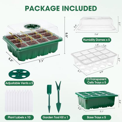 Seed Starter Kit with Humidity Dome, 5 Packs 60-Cell Trays