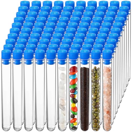100 Pake 8 ml Clear Test Tubes with Caps 12x100mm Plastic Vials Test Tubes for Scientific Experiments Halloween Christmas Scientific Themed Birthday Party Supplies Candy Storage (Blue) - color: Blue