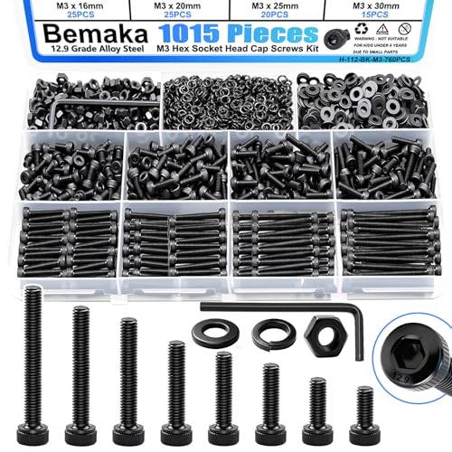 1015PCS M3 Screws Kit, M3x6/8/10/12/16/20/25/30mm Hex Socket Head Cap Screws Bolts Nuts Washers Kit, 12.9 Grade Alloy Steel Metric Machine Screw for 3D Printing - color: BK-M3 x 6-30mm