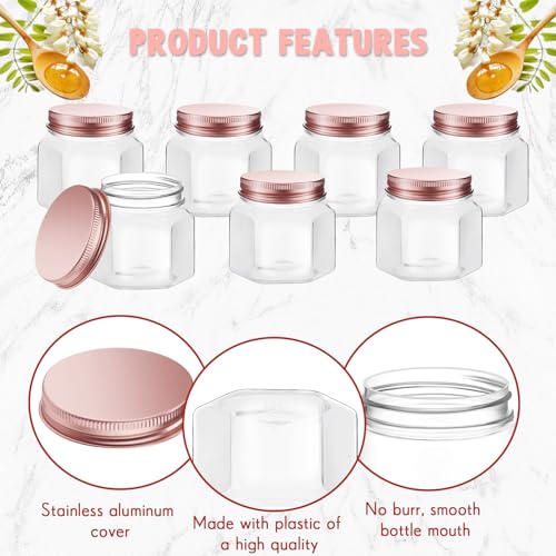 Dandat 50 Pcs 3 oz Hexagon Plastic Jars with Lids Mini Small Wide Mouth Honey Jars for Party Wedding Favors, Baby Shower, DIY Gift, Spice, Jelly, Herb, Jams, Candy(Rose Gold) - color: Rose Gold