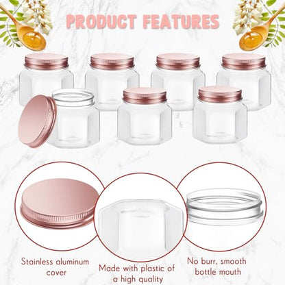 Dandat 50 Pcs 3 oz Hexagon Plastic Jars with Lids Mini Small Wide Mouth Honey Jars for Party Wedding Favors, Baby Shower, DIY Gift, Spice, Jelly, Herb, Jams, Candy(Rose Gold) - color: Rose Gold