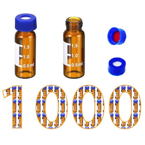 2 mL Amber Autosampler Vials 1000 Pack – HPLC/GC Certified, 9-425 Screw Cap with Red PTFE/White Silicone Septa, Graduations & Write-On Area, Leak-Proof for LC, GC-MS, Lab Analysis