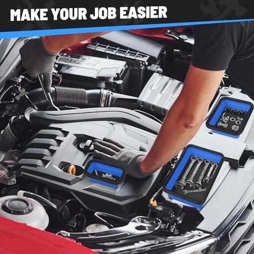 Collapsible Magnetic Parts Tray Set, 3 Different Size Tool Trays, Blue - color: Blue