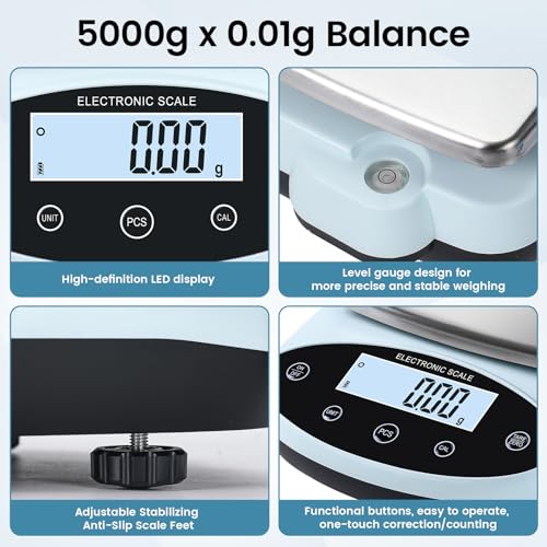 Analytical Balance 5000g x 0.01g Digital Gram Scale 0.01g Accuracy Precision Lab Scale 13 Unit High Precision Digital Scale for Laboratory, Jewelry Weighing