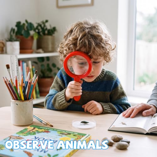 Lewtemi Kids Science Learning Toys Kids Magnifying Glass with Stand Grasp Jumbo Magnifiers 3X Magnification Exploration Preschool Learning Toys for Reading Book Map Insect (Red) - color: Red
