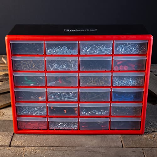Set of Two Storage Bins with Drawers – Pair of 44 and 24 Drawer Desktop or Wall Mount Plastic Tool Organizers for Hardware or Crafts by Stalwart (Red) - style: 44 and 24 Drawers