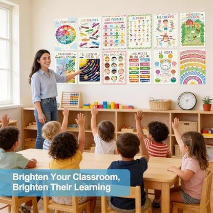 Spanish Educational Classroom Posters Set for Toddlers, 12 PCS - color: Spanish