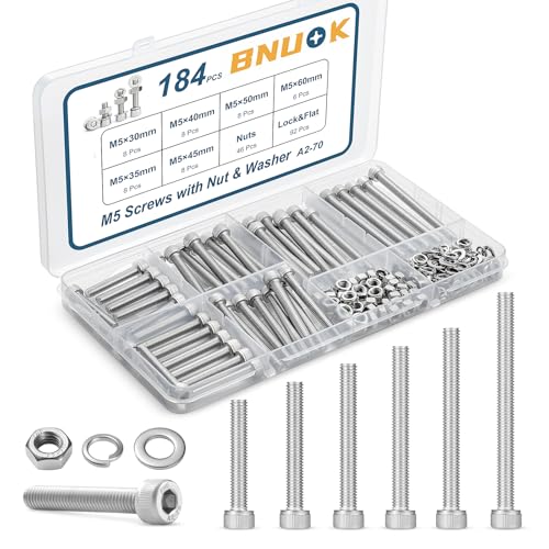 184 PCS M5 Screws Assortment Kit, 304 Stainless Steel M5 Bolts Kit, M5x 30/35/40/45/50/60mm, Hex Socket Head Cap Screws Bolts Nuts Washers Set - size: M5x 30/35/40/45/50/60mm