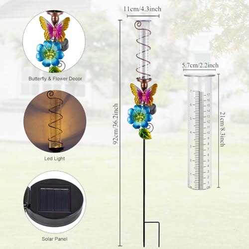 Rain Gauge Outdoor, Solar Water Gauge for Rain - color: Blue Flower-Butterfly