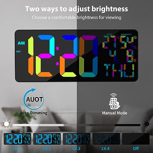 18" Large RGB Digital Wall Clock 11 Color, Remote Auto Dimming Alarm - color: 11 Color Change