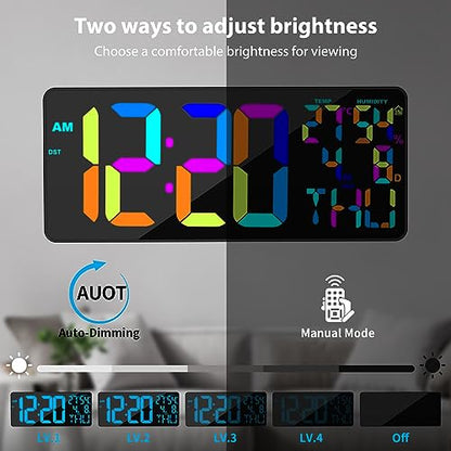 18" Large RGB Digital Wall Clock 11 Color, Remote Auto Dimming Alarm - color: 11 Color Change