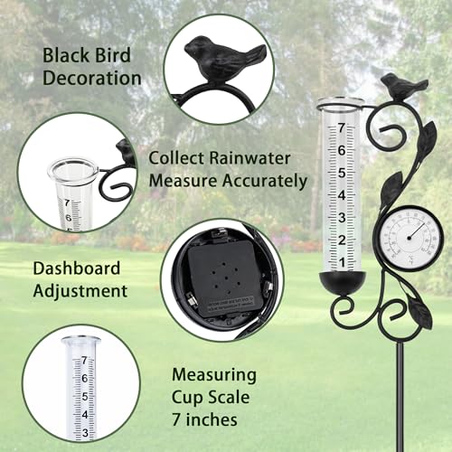 36in Black Bird Rain Gauge Thermometer Metal Garden Stake Decor - color: Black Bird