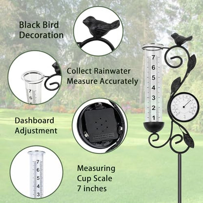 36in Black Bird Rain Gauge Thermometer Metal Garden Stake Decor - color: Black Bird