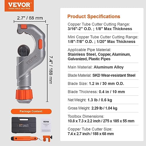 VEVOR 3PCS Tubing Cutter Set, 3/16"-2" O.D. Copper Pipe Cutter, 1/8"-7/8" O.D. Mini Tube Cutter and Deburring Tool, Heavy Duty Pipe Cutter Set for Copper, Aluminum, Stainless Steel, Plastic Pipes - size: 3/16"-2" O.D.