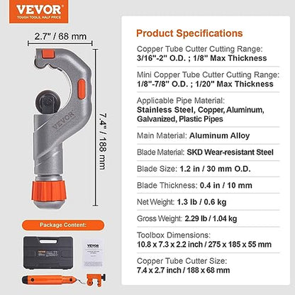 VEVOR 3PCS Tubing Cutter Set, 3/16"-2" O.D. Copper Pipe Cutter, 1/8"-7/8" O.D. Mini Tube Cutter and Deburring Tool, Heavy Duty Pipe Cutter Set for Copper, Aluminum, Stainless Steel, Plastic Pipes - size: 3/16"-2" O.D.