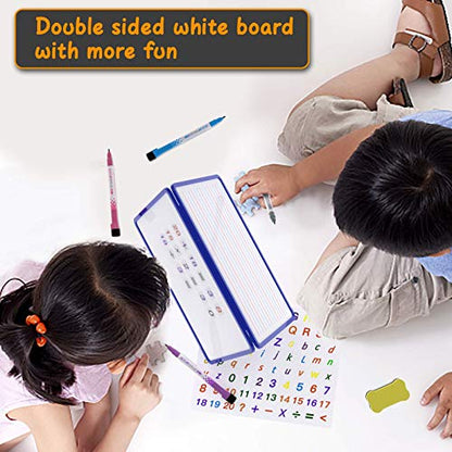 Small Dry Erase White Board with Stand, Double Sided Dry Erase Board for Kids, Foldable Small White Board Portable Mini Whiteboard with Lines & Holder for Home School Office - color: Blue