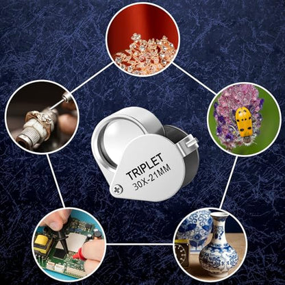 Jewelers Loupe 30x Foldable Hand Lens Eye Loops Magnifier Jewelers Loupe Pocket Magnifying Glass for Detecting Coin Diamonds Gems Jewelry Stamps Antiques