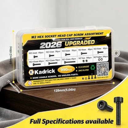 990PCS M2 Hex Socket Head Screws Assortment Kit,M2x4/6/8/10/12/16 mm - size: M2 990Pcs