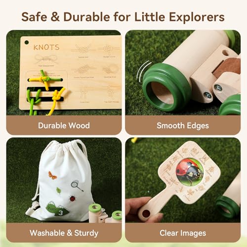 Kids Outdoor Explorer Kit Ages 4–8, Wooden Binoculars, Compass and Knot-Tying Board, Nature STEM Learning & Camping Toy Birthday Gift for Boys and Girls