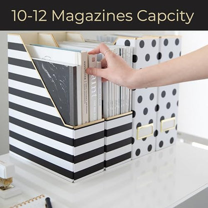 BLU MONACO | Cardboard Magazine File Holder Set of 4 | Vertical Magazine File Holder for Desk and Shelves | Standing File Holder for Classroom School Paper Storage - color: Gold Dots Black Stripes