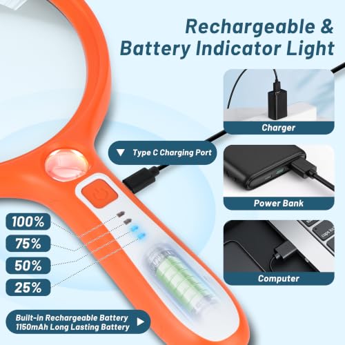Large Magnifying Glass with Light: 5IN Handheld Illuminated Lighted Magnifier with 13 LED Lights, Rechargeable Magnifier (Orange+White, Magnifier with Light (No Case)) - color: Orange+white