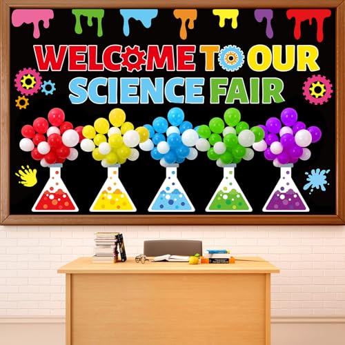 Science Bulletin Board Set 3D Balloon Welcome to Our Science Fair Board Craft for Classroom Decorations Colorful Balloons Chemistry Lab Cutouts for School Library Home Wall Decor Supplies - size: 35.43 x 59.06 inches