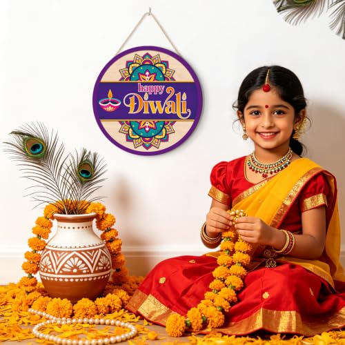 HLNIUC Happy Diwali Mandala Round Sign Diya Oil Lamp Wooden Door Hanger - color: Diwali 3