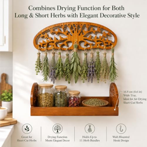 Tree of Life Herb Drying Rack, Wall‑Mount Solid Wood Shelf with 11 Hooks - color: Herb Drying Rack-Storage Tray
