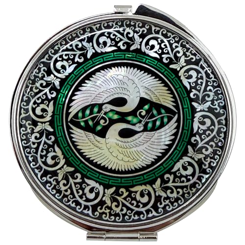 Portable Makeup Compact Double Magnifying Mirror Cosmestic Foldable Pocket Style Unique Mother of Pearl Design (Crane) - color: Crane