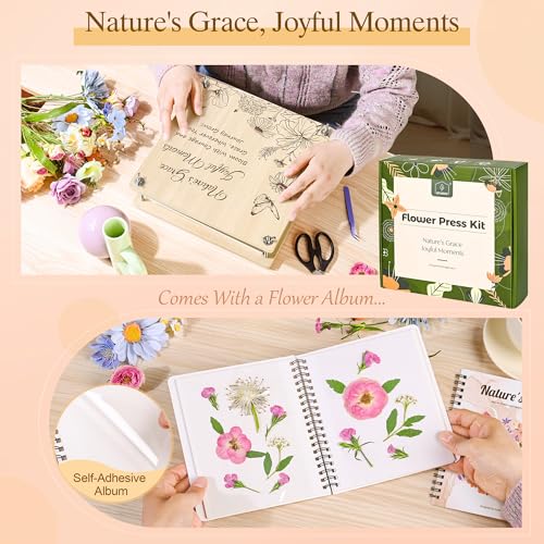Joy&Grace Large Flower Press Kit for Adults with Designed Cover and DIY Album,10 Layers Plant Press and Plant Drying Toolkit, Flower Preservation Kit, 10.9" x 10.9" (Color Box, Natural Wood) - color: Natural Wood