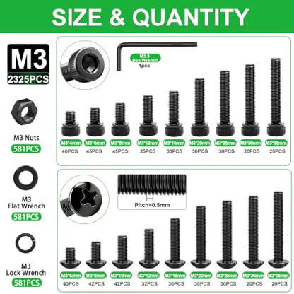 Twidec/2325PCS M3 Screws Assortment Kit,Hex Socket Head & Phillips Pan Head - color: 2325PCS