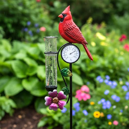 40in Red Bird Rain Gauge Thermometer Metal Garden Stake Decor - color: Red Bird