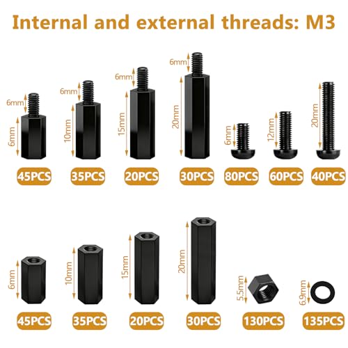 705PCS M3 Nylon Motherboard Standoffs Kit, Male Female Hex Spacer Standoff Screws Nuts Suitable for Circuit Board, PCB Board etc - color: Black, size: 705PCS (M3)