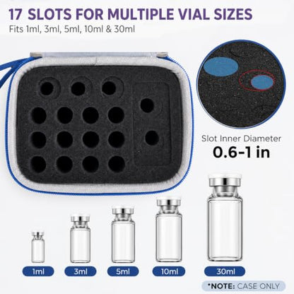 17 Slots Peptide Insulin Vial Hard EVA Travel Case Fits 1ml-30ml Vials - color: Blue