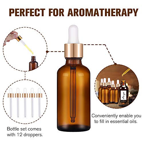 PrettyCare Glass Eye Dropper Bottles 2oz (60ml), 12 Pcs Amber Empty Thick Bottles Bulk with Leakproof Golden Caps - With Labels & Funnels for for Storage, Travel,Essential Oils, DIY Serums, Tincture - color: 2oz Amber, style: 12 Pack